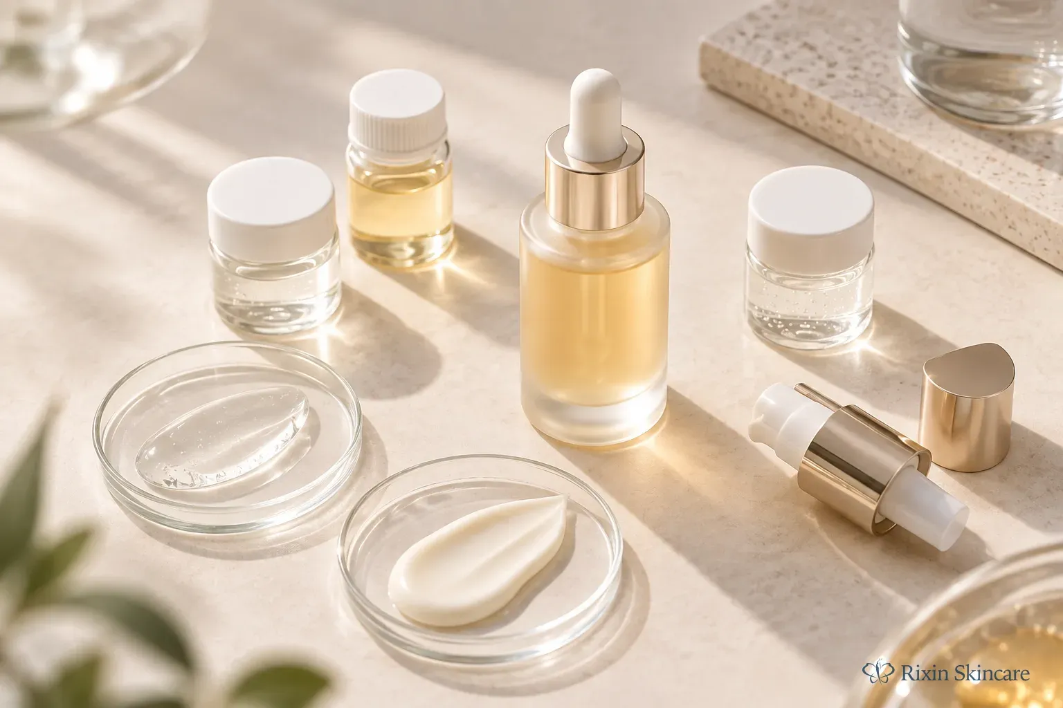 Serum prototype, neutral ingredient samples, formula swatches, and packaging components arranged for compatibility review.