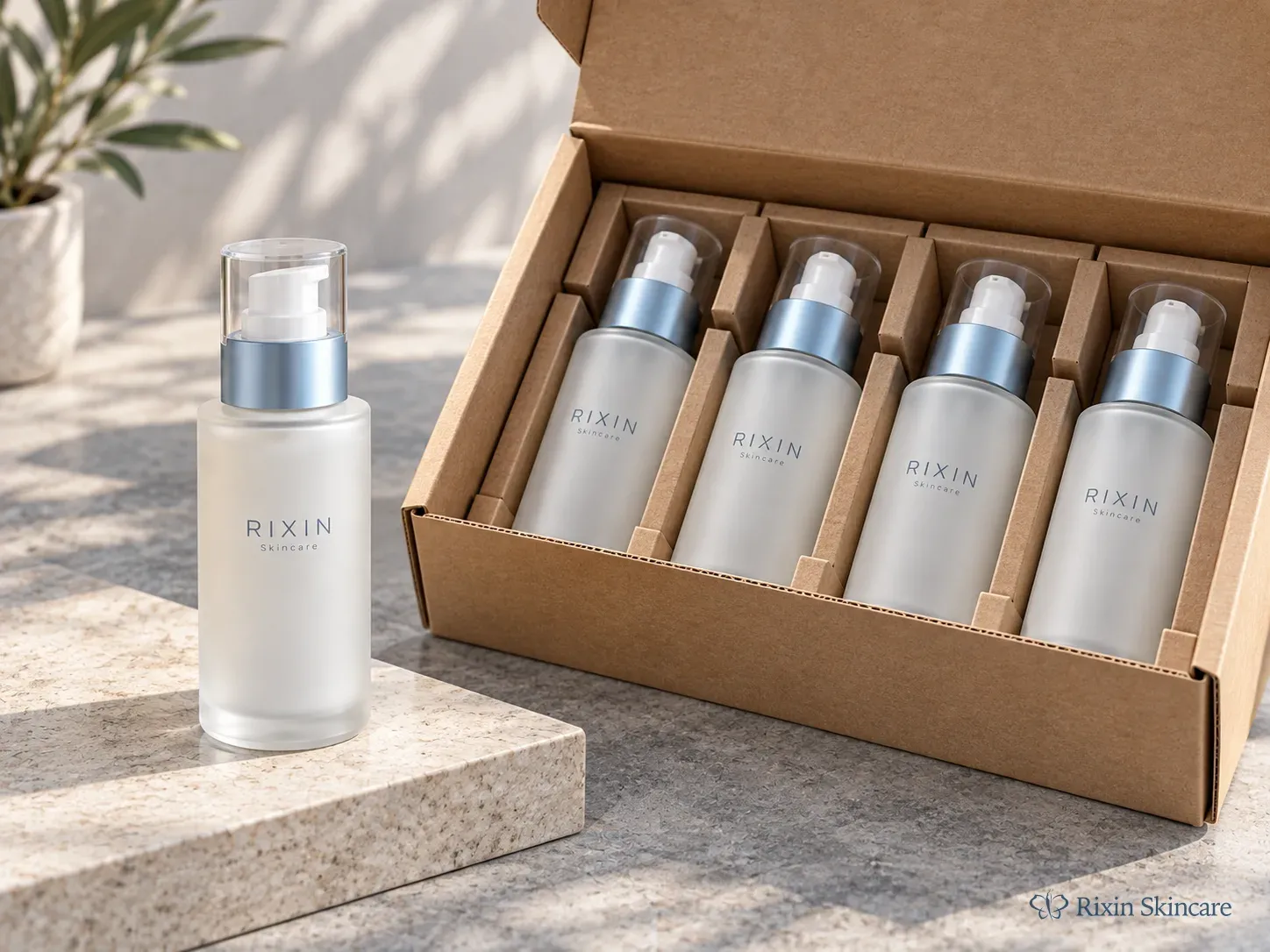 A single reference pump bottle beside a tray of similar delivered packaging containers for visual comparison.