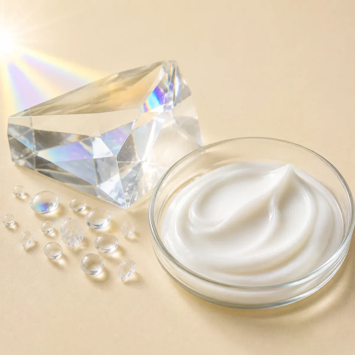 Modern UV filter optical material association with lightweight white cosmetic emulsion texture representing Bemotrizinol