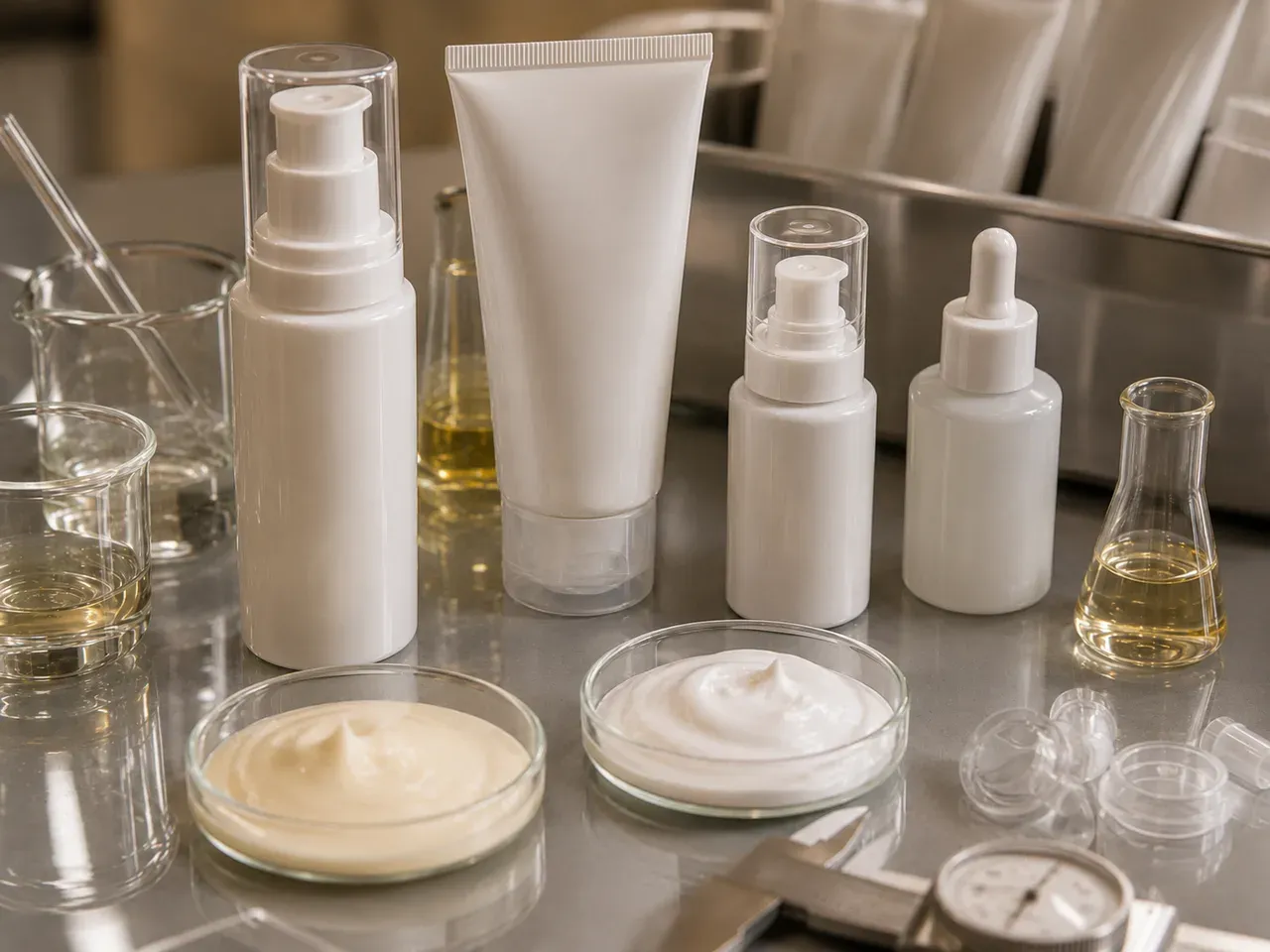 Sunscreen packaging compatibility review with pump bottles, soft tube, closures, filled samples, and testing-readiness cues