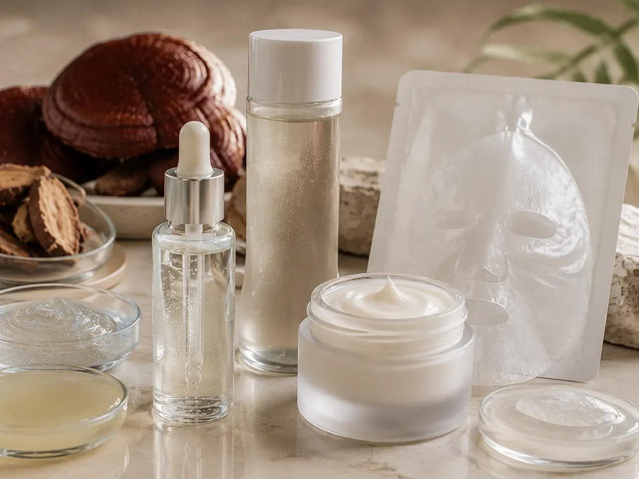 Serum bottle, essence bottle, moisturizer jar, and sheet-mask package arranged as beta-glucan skincare format options