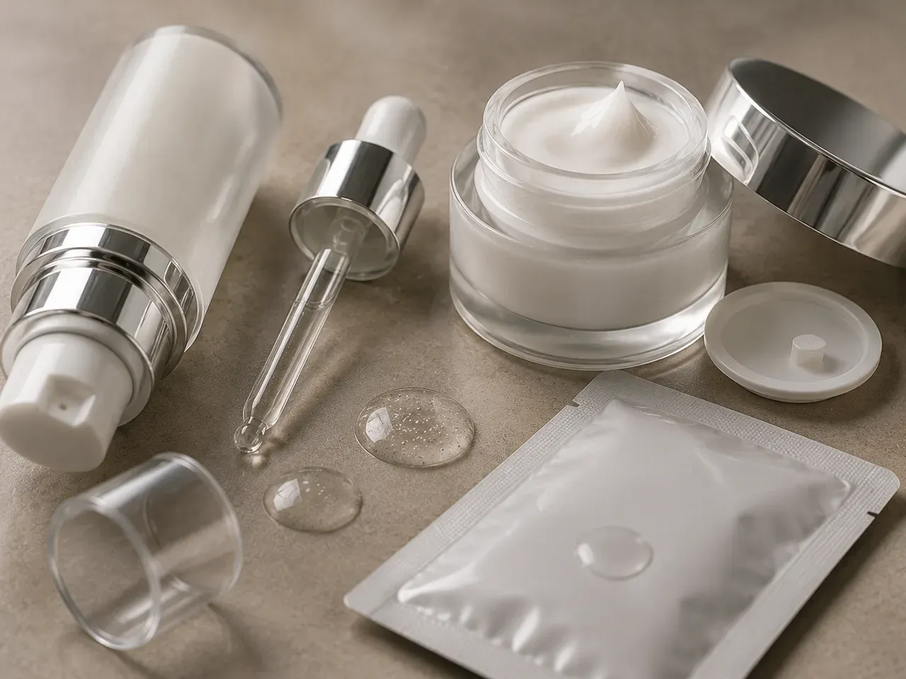 Airless pump components, dropper assembly, jar closure, sachet seal, and controlled essence, gel, and cream samples arranged for formula-package compatibility review