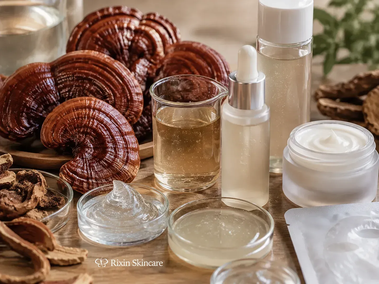 Reishi mushrooms, clear gel, watery essence, cream, and cosmetic sample packages arranged for beta-glucan skincare development