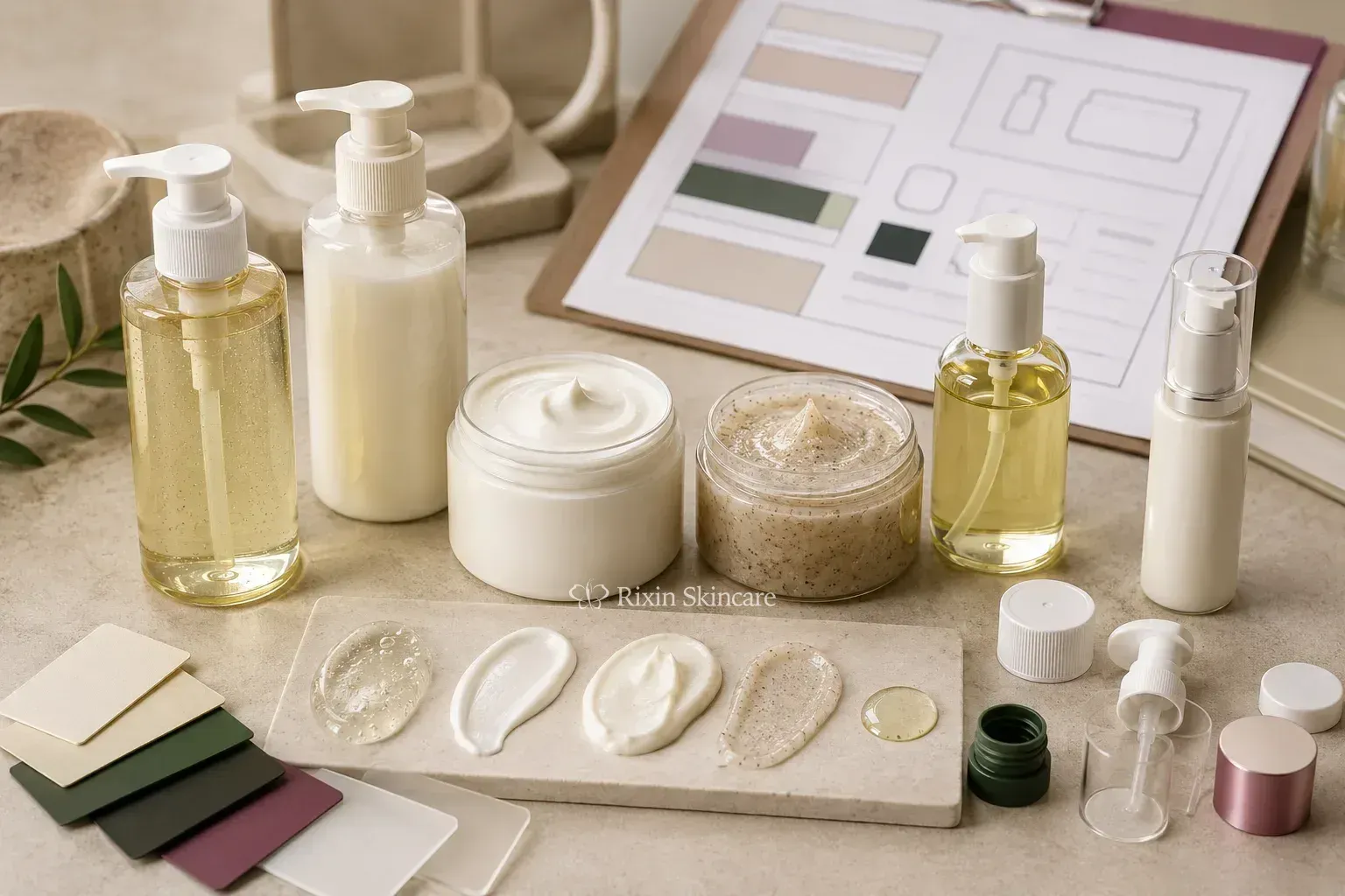 Body wash, lotion, cream, scrub, oil, and body-serum samples with coordinated packaging arranged for product development