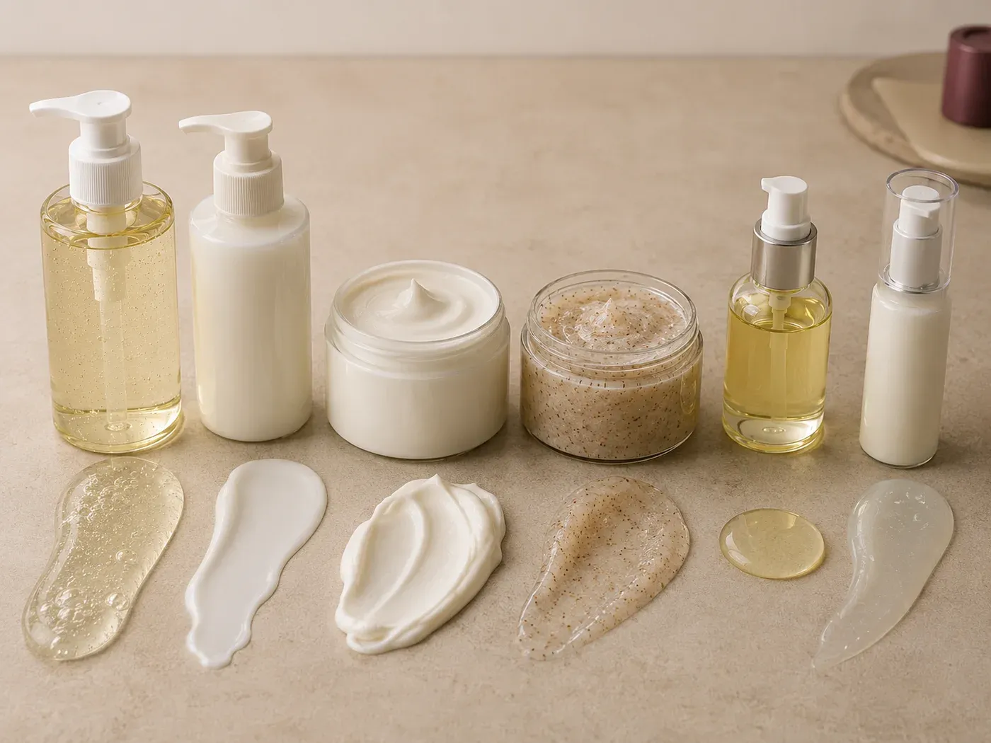 Body care formats and textures showing wash gel, lotion, cream, scrub, oil, and lightweight body serum