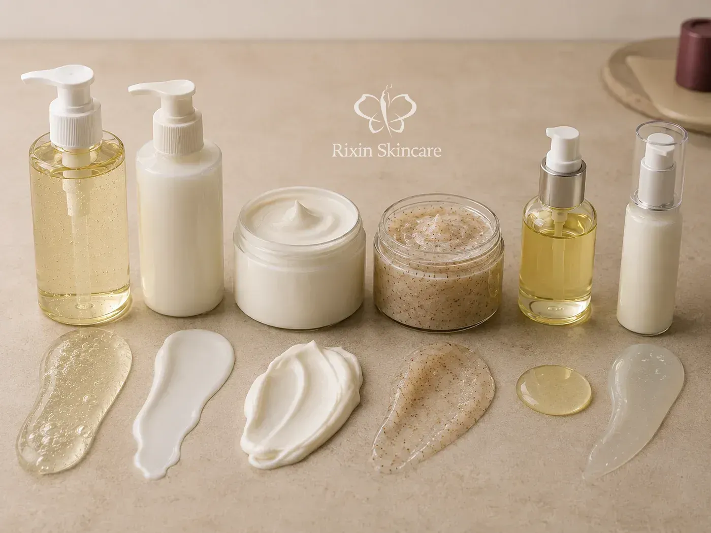 Body care formats and textures showing wash gel, lotion, cream, scrub, oil, and lightweight body serum