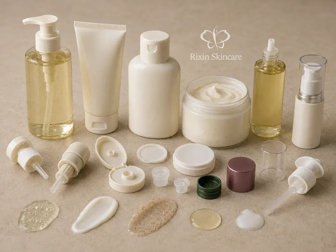 Body care packaging systems with pump bottle, tube, jar, oil dispenser, treatment pump, and matching closures