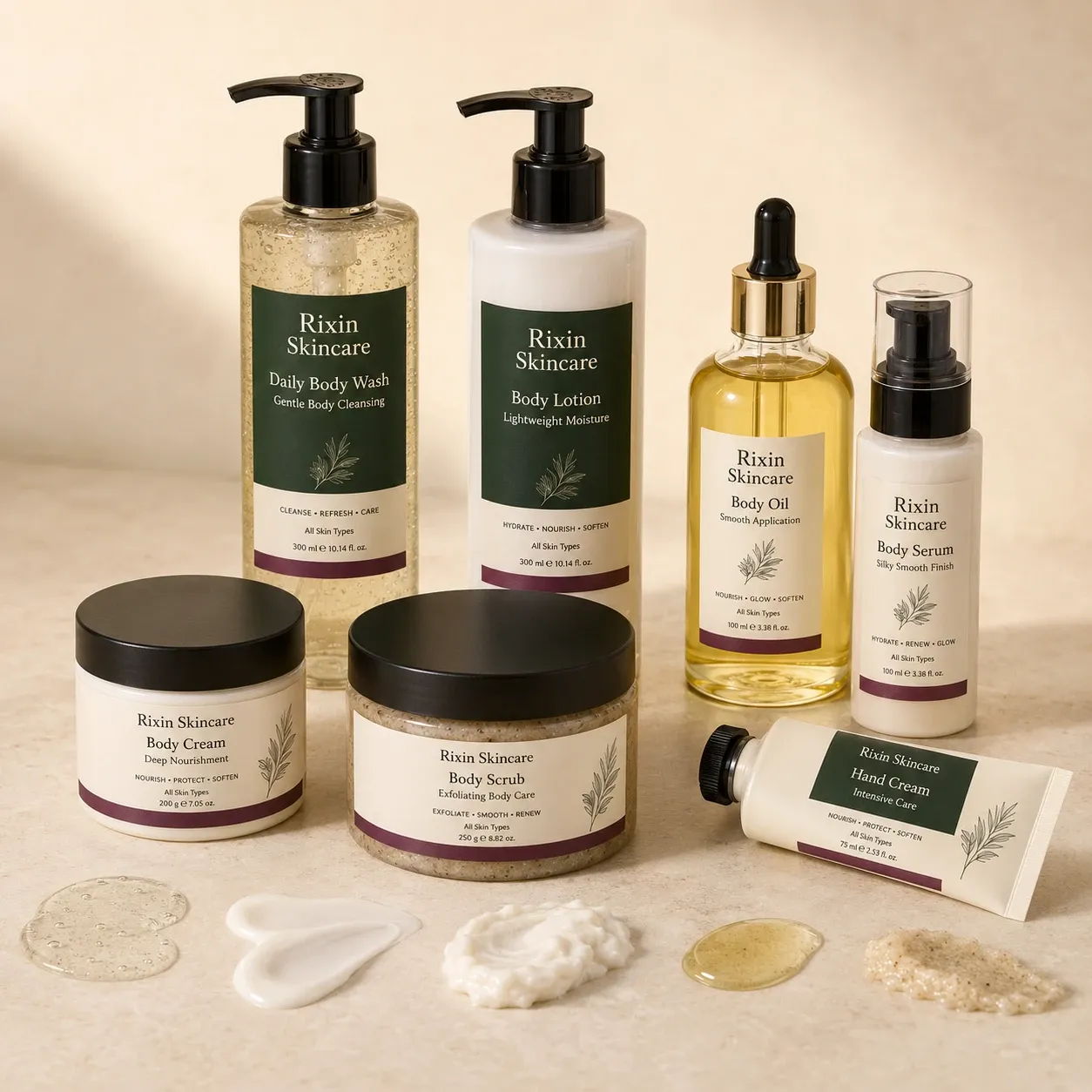 Body wash, lotion, cream, oil, serum, and scrub packaging formats