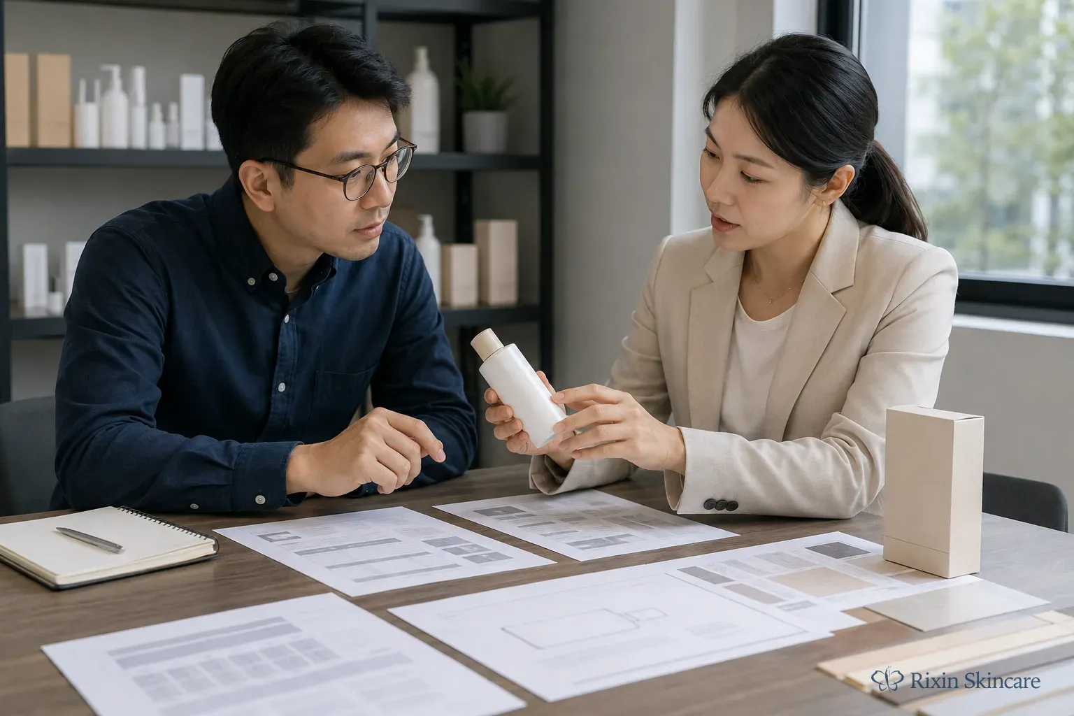 Brand and manufacturer review a skincare sample with specifications and packaging information at a shared worktable