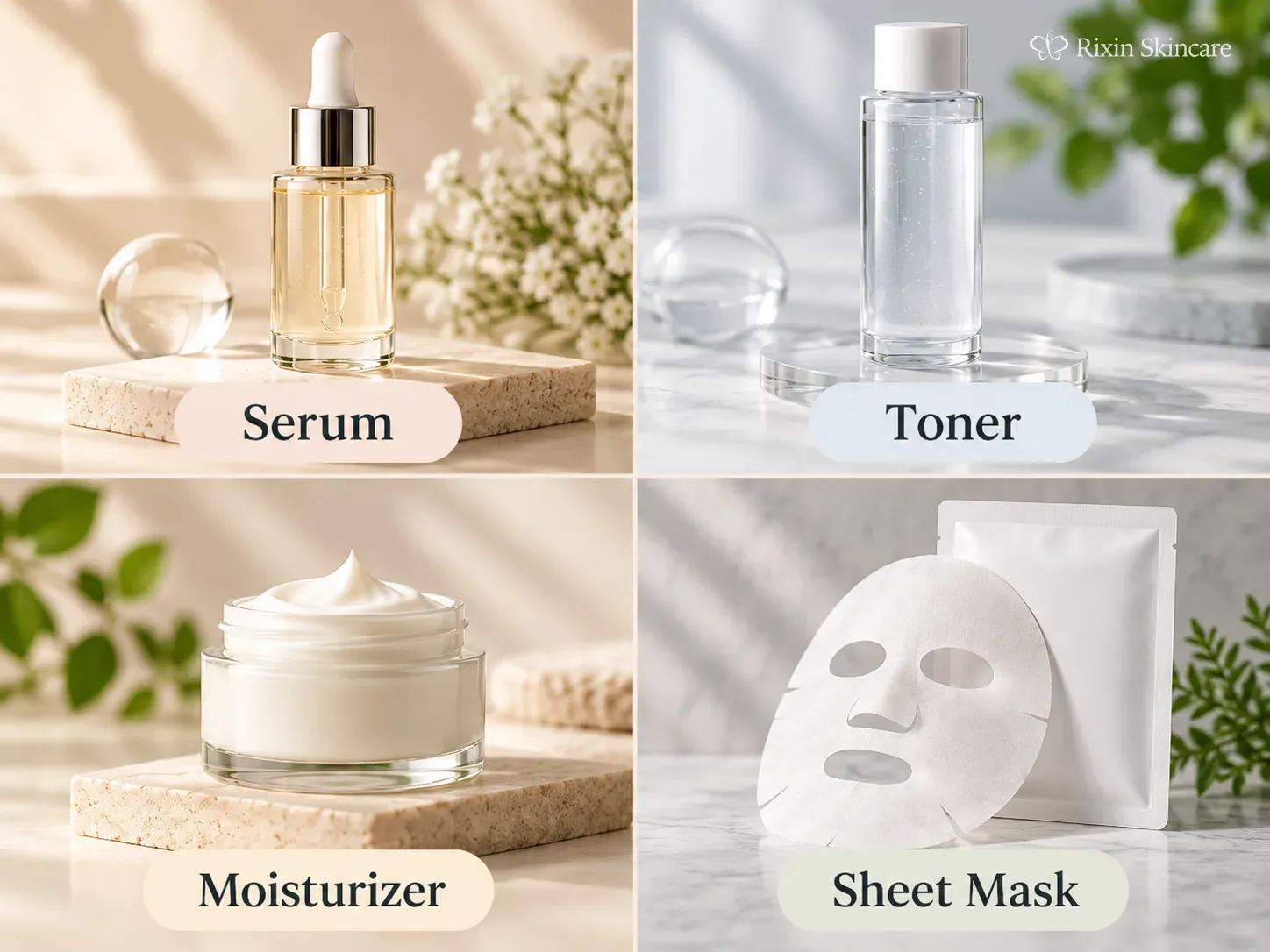 Serum, toner, moisturizer, and sheet mask prototypes arranged as distinct skincare format options.