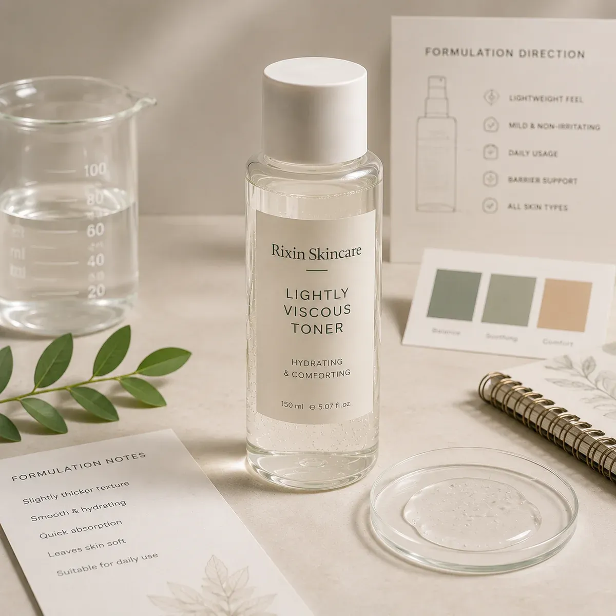 Lightly viscous toner format shown with fluid skincare packaging and a slightly cushioned texture.