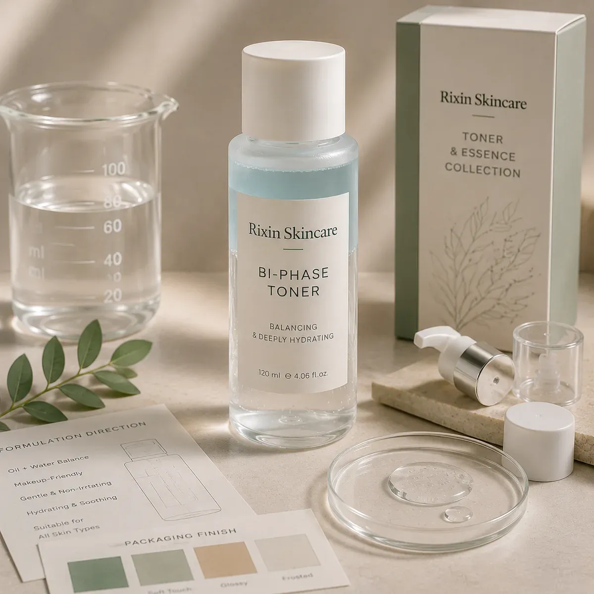 Milky and bi-phase toner or essence formats shown with layered liquid skincare packaging.