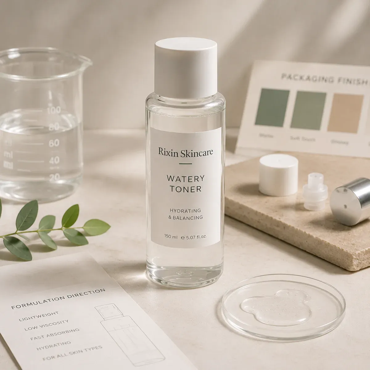 Watery toner format shown in clear low-viscosity skincare bottles with a clean fluid texture.