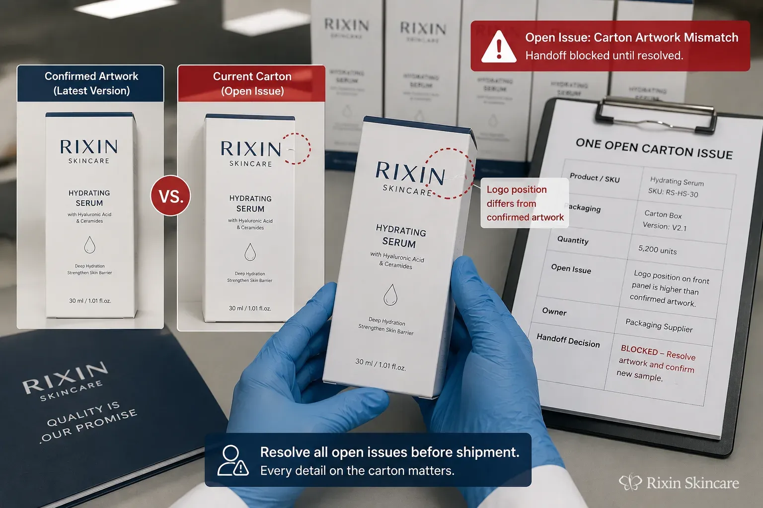 Two skincare cartons with a subtle artwork-layout difference are reviewed beside the confirmed finished product.