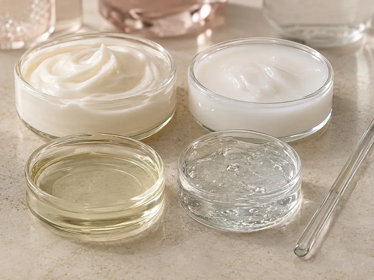 Cream, milky emulsion, oil phase, and clear gel samples arranged for cosmetic formula-system review