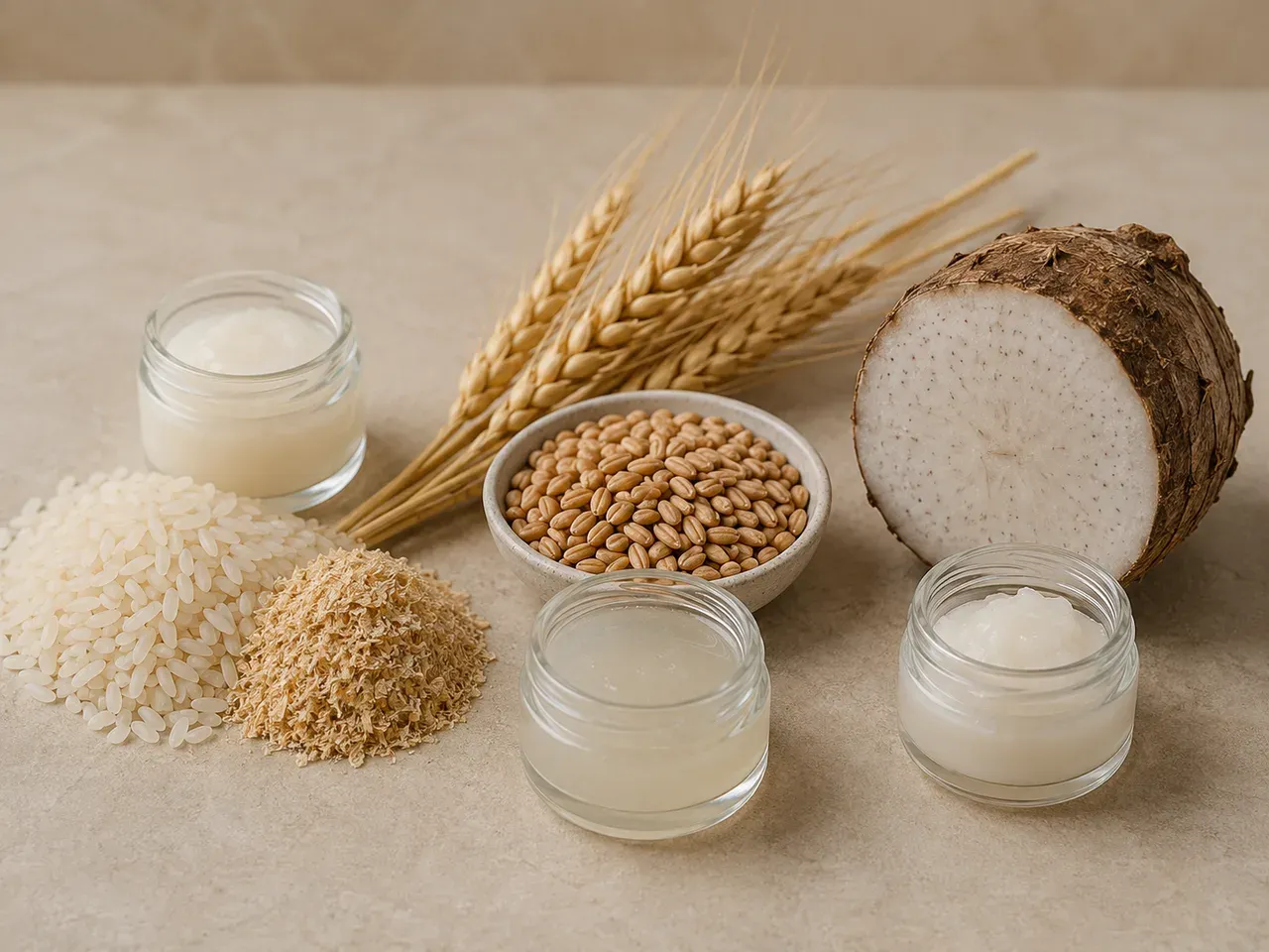Rice, wheat, and konjac source cues shown with small neutral sample vessels for plant-derived ceramide system discussion