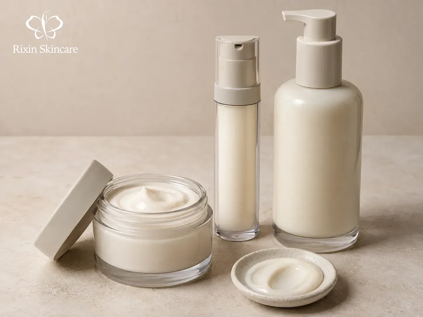 Unlabeled moisturizer, milky serum, and lotion formats with restrained cosmetic textures in a unified development composition