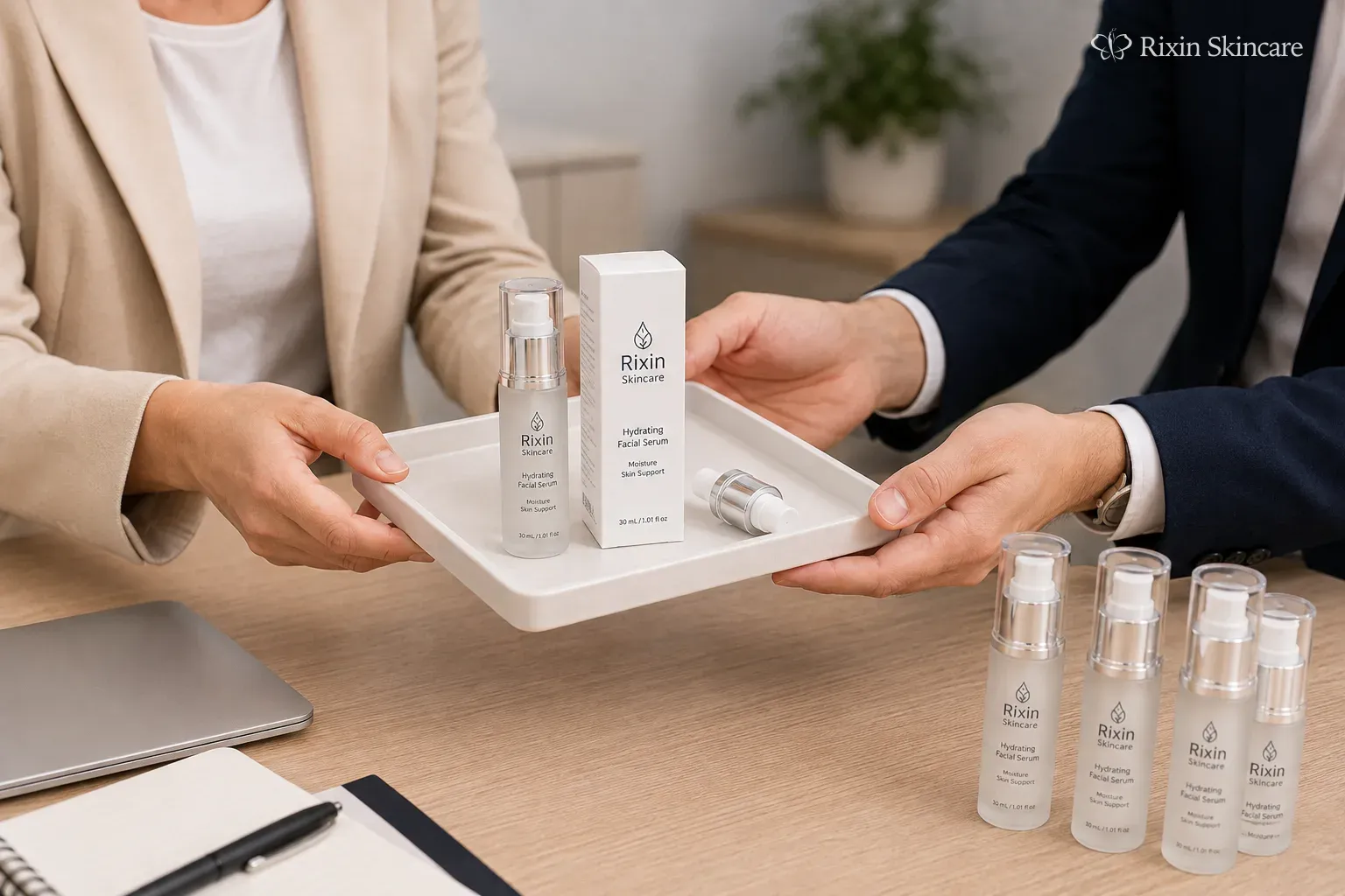 A confirmed skincare product and package reference is handed forward between two project review stages.