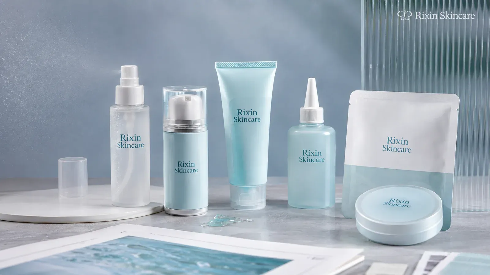 Rixin Skincare fine-mist sprayer, airless bottle, gel tube, scalp applicator, and mask packaging arranged for delivery-system review