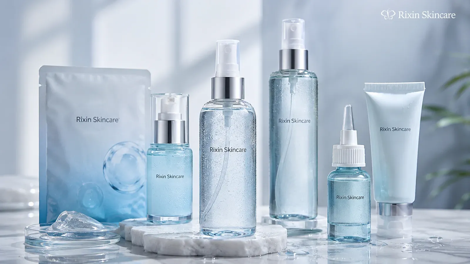 Rixin Skincare cooling product range with face mist, body spray, gel serum, scalp applicator, sun-care tube, and mask pouch