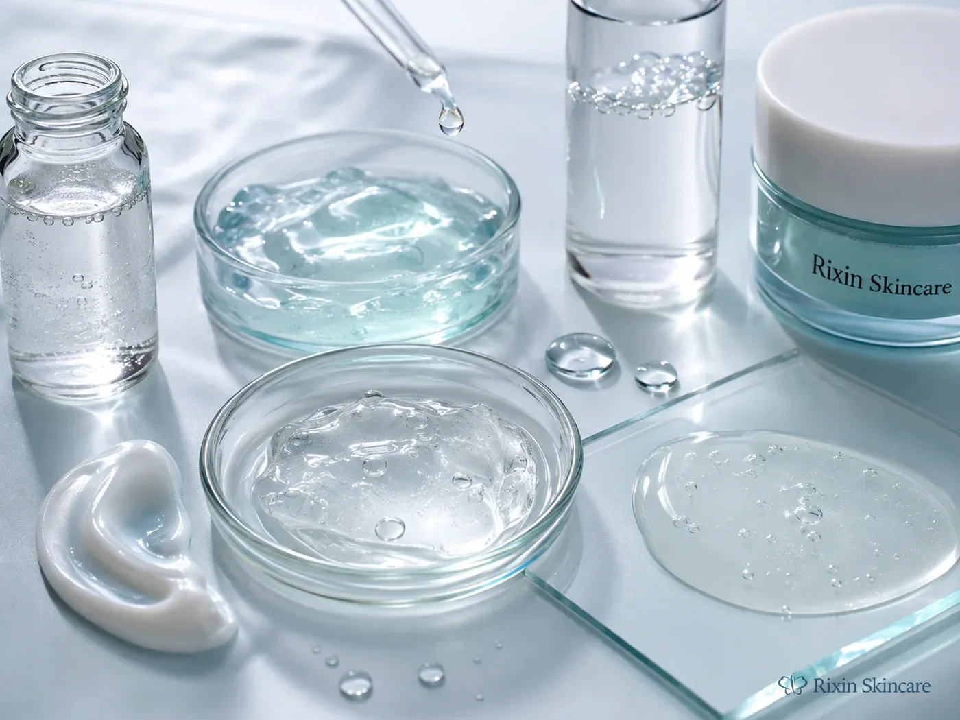 Clear gel, jelly serum, essence, lotion, and water-like droplets arranged for cooling skincare formulation development
