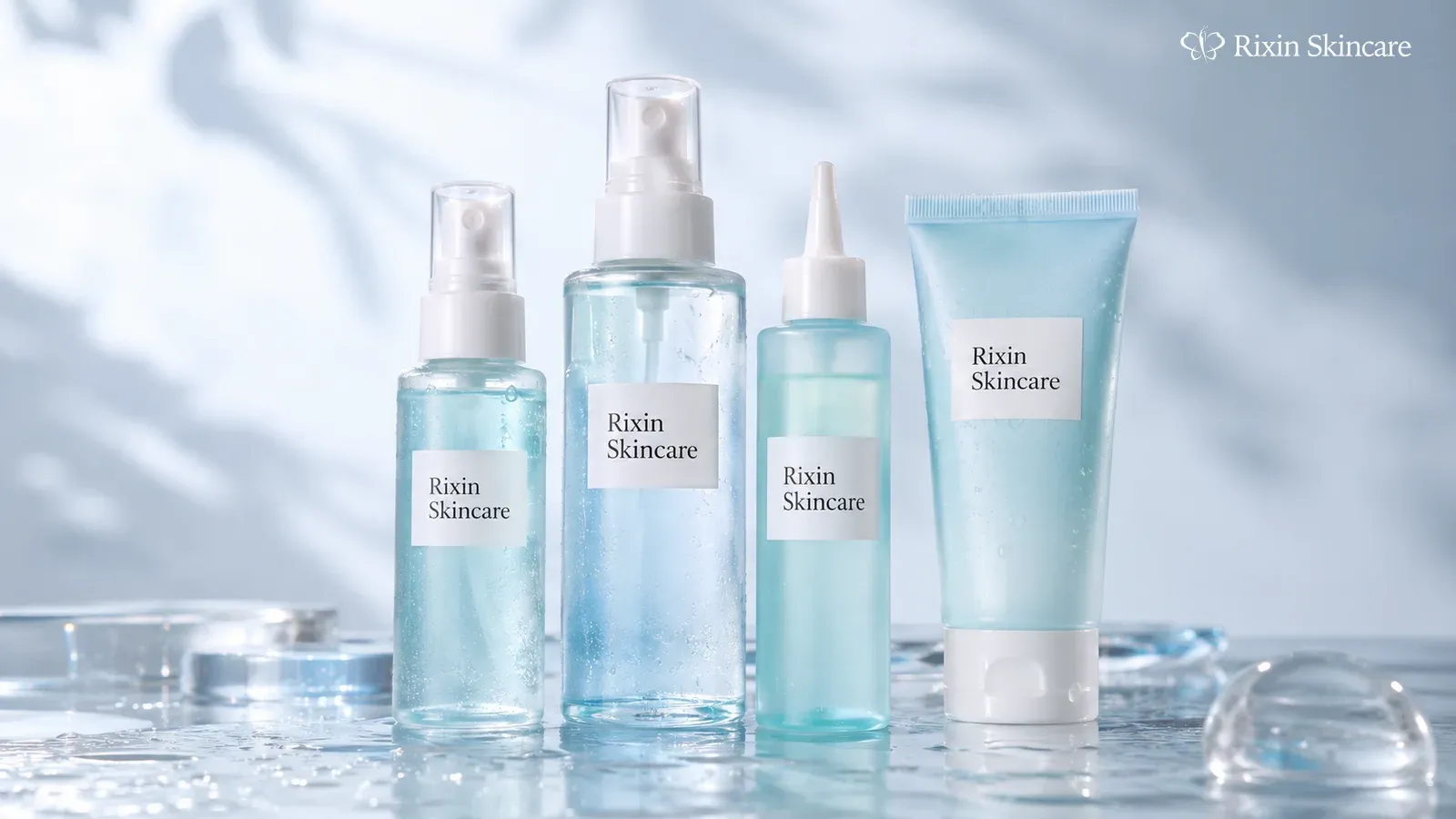 Rixin Skincare face mist, body spray, scalp applicator, and sun-care tube arranged as a coordinated cooling skincare range