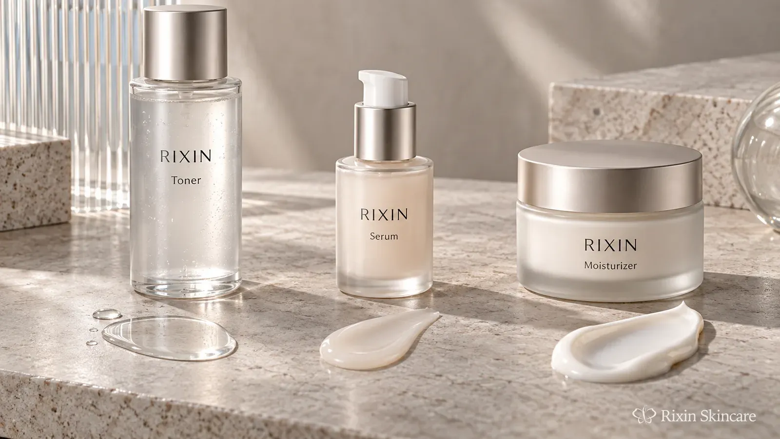 Rixin toner, serum, and moisturizer prototypes paired with progressively different skincare textures for routine development.