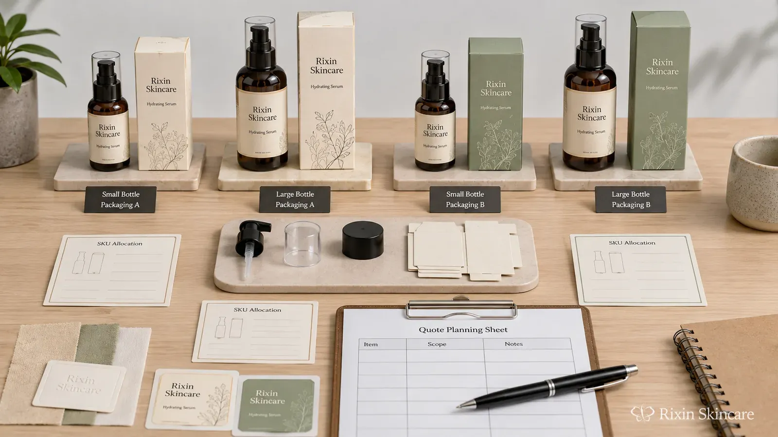 One serum formula divided into four SKU groups using two bottle sizes and two coordinated packaging versions