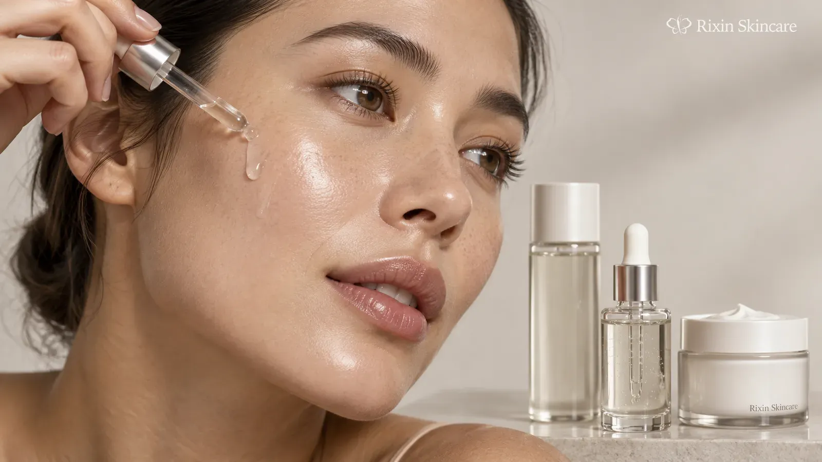 Dewy facial skin with serum being applied beside a coordinated toner, serum, and moisturizer skincare system.