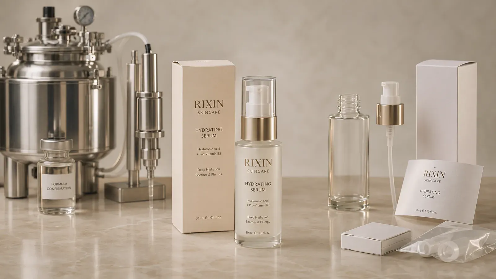Rixin Skincare serum between direct manufacturing equipment and coordinated packaging components representing different supplier structures