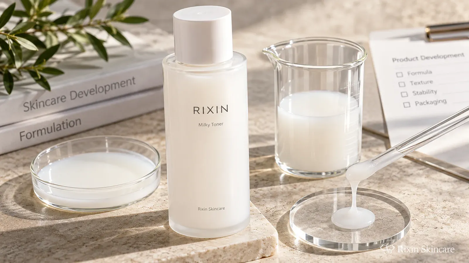Rixin milky toner prototype with translucent white formula, bottle, and texture samples arranged on a product-development surface.