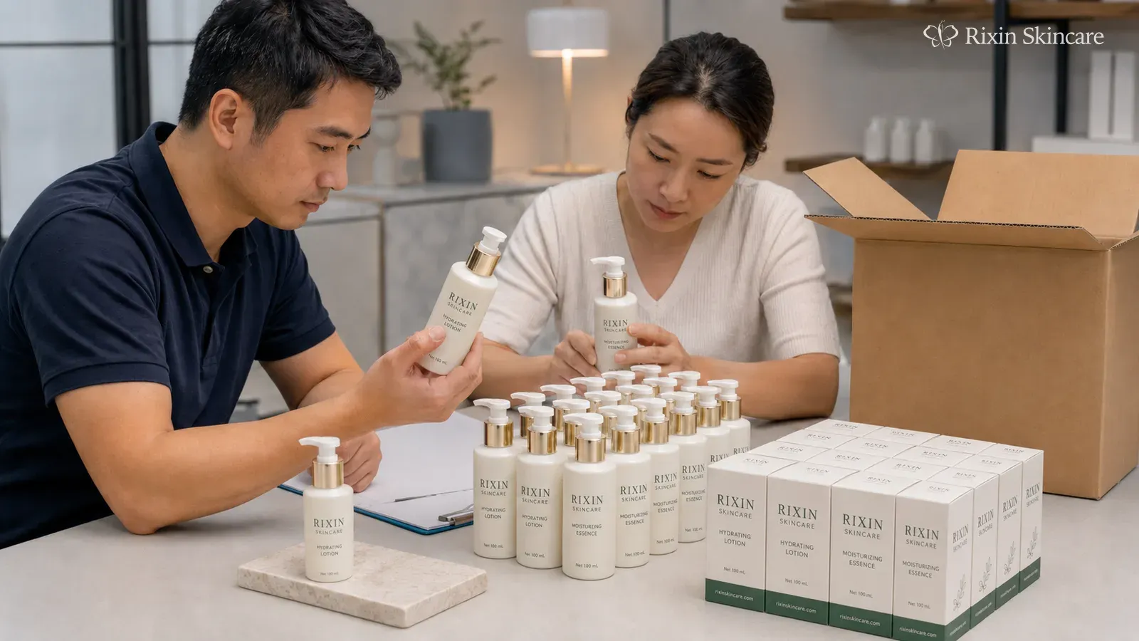 Skincare finished goods are reviewed with their packaging and shipment cartons before handoff.
