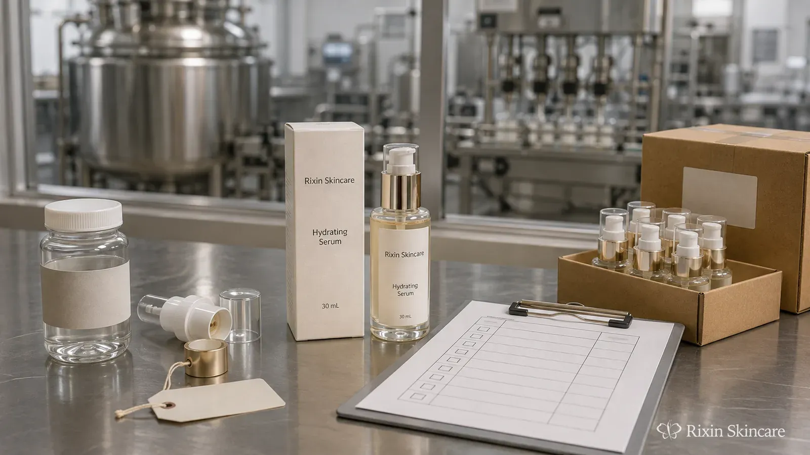 Skincare factory audit scene following one serum SKU from materials through manufacturing, packing, and finished-goods review