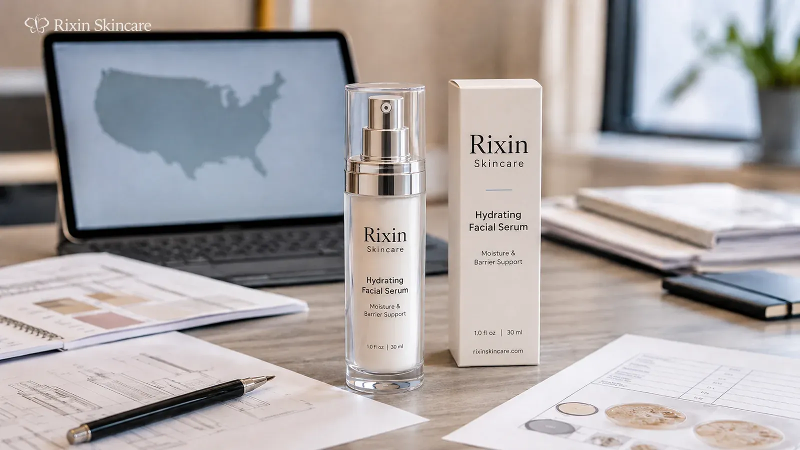 Rixin Skincare hydrating facial serum and carton on a U.S. market-planning desk with a laptop map