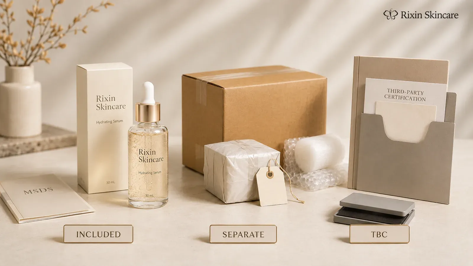 Skincare quote showing included finished product and MSDS, separate freight, and third-party certification marked TBC