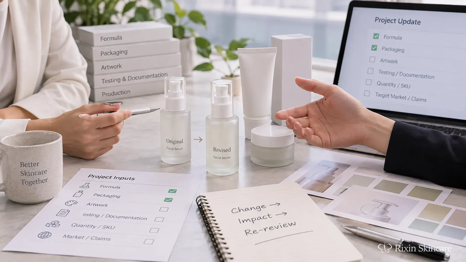 Skincare project reviewers compare a confirmed product package with a changed component before production continues.