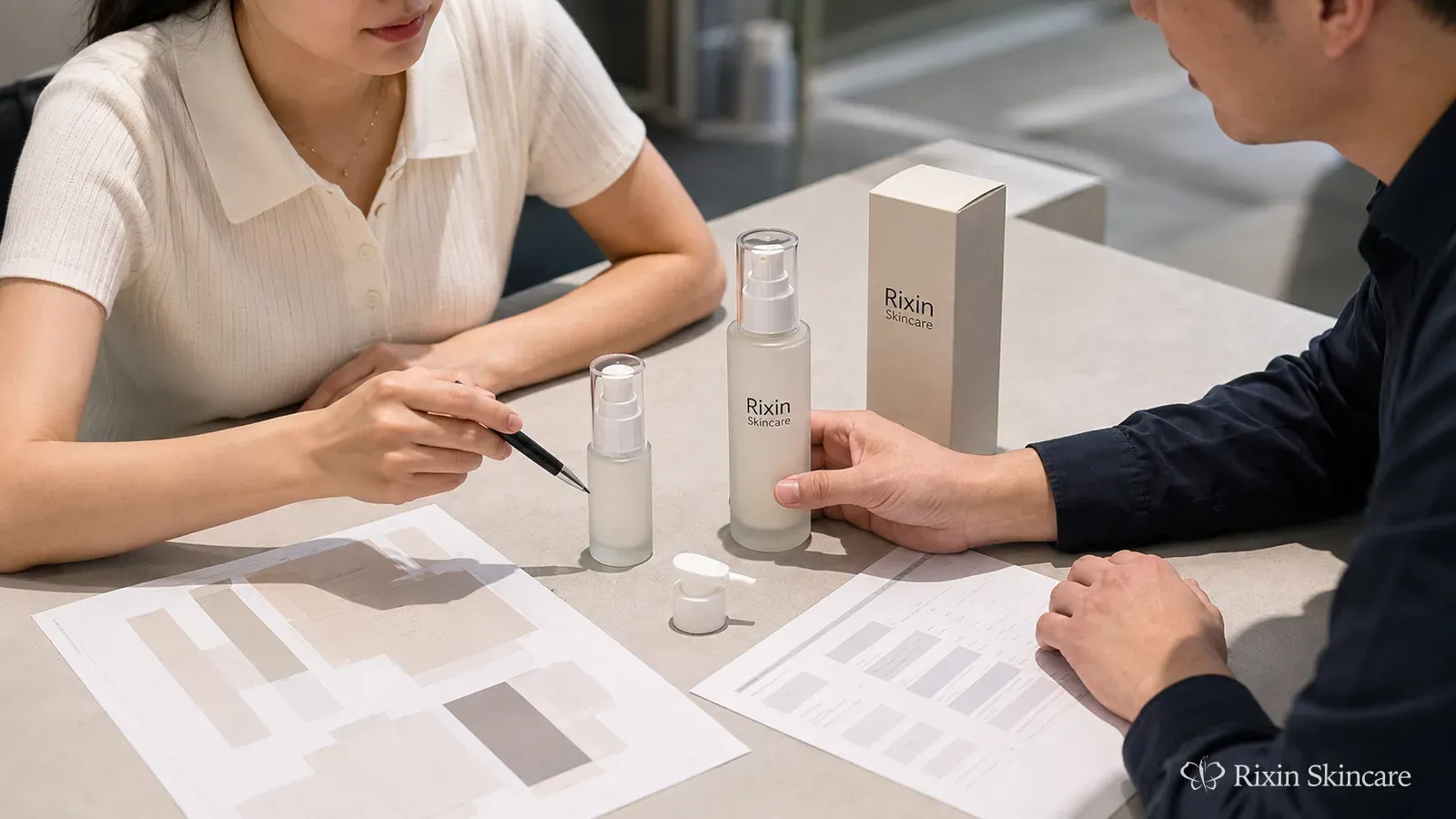 Skincare brand and manufacturing project team review one product reference, packaging set, artwork proof, and order basis before bulk production.