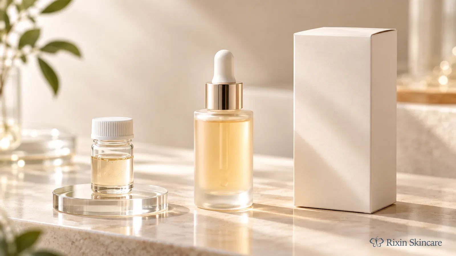 Ingredient sample, finished serum, and blank packaging prototype show the path from evidence to market-facing claims.