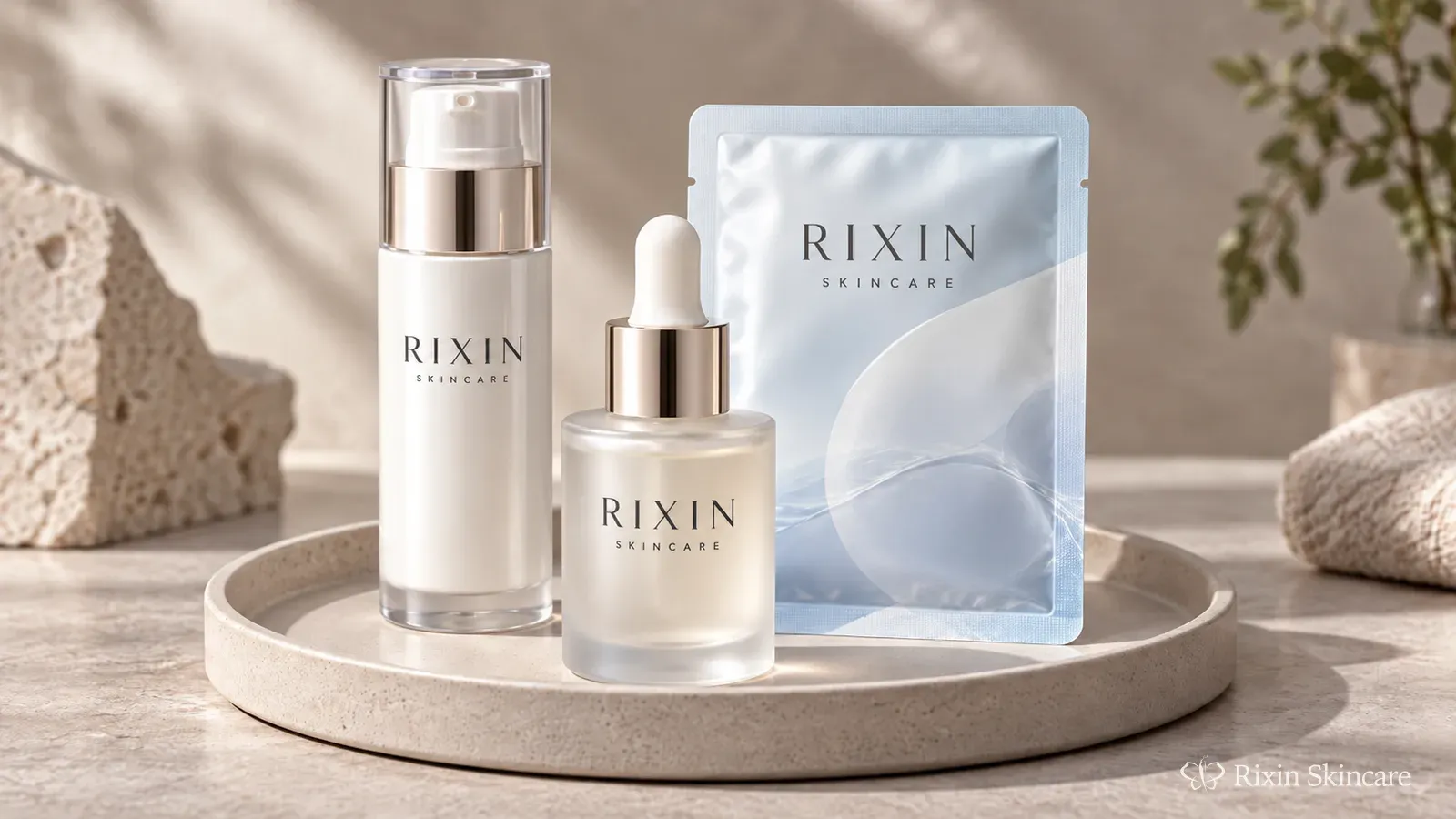 A serum, moisturizer, and sheet mask arranged as a coordinated skincare launch concept.