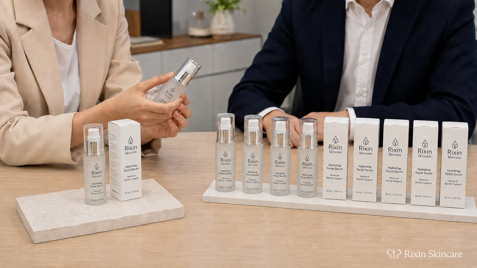 A skincare brand team reviews a previous confirmed Rixin Skincare product set before a repeat manufacturing order.