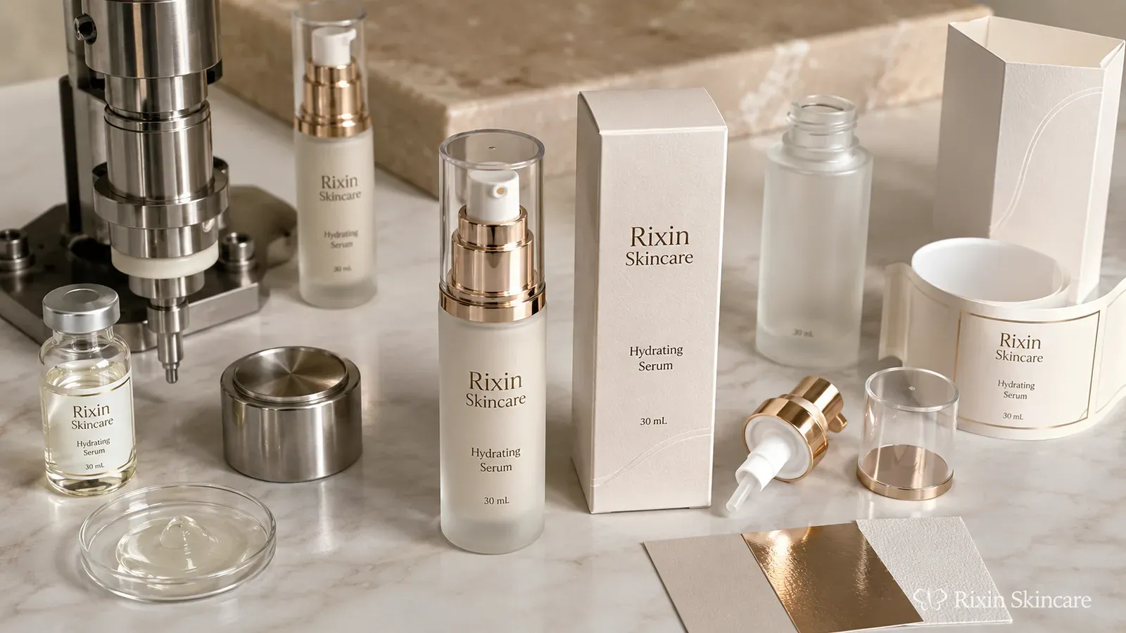 Rixin Skincare serum surrounded by formula, filling, packaging, and decoration components representing manufacturing cost factors