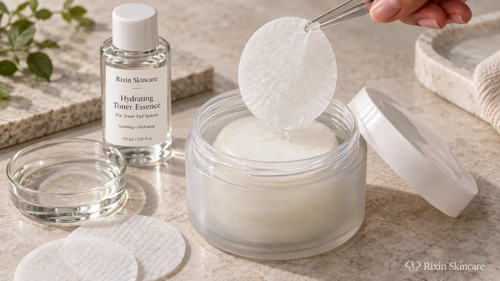 Open toner pad jar with saturated cosmetic pads, tweezers, and a coordinating liquid skincare prototype on a development table.