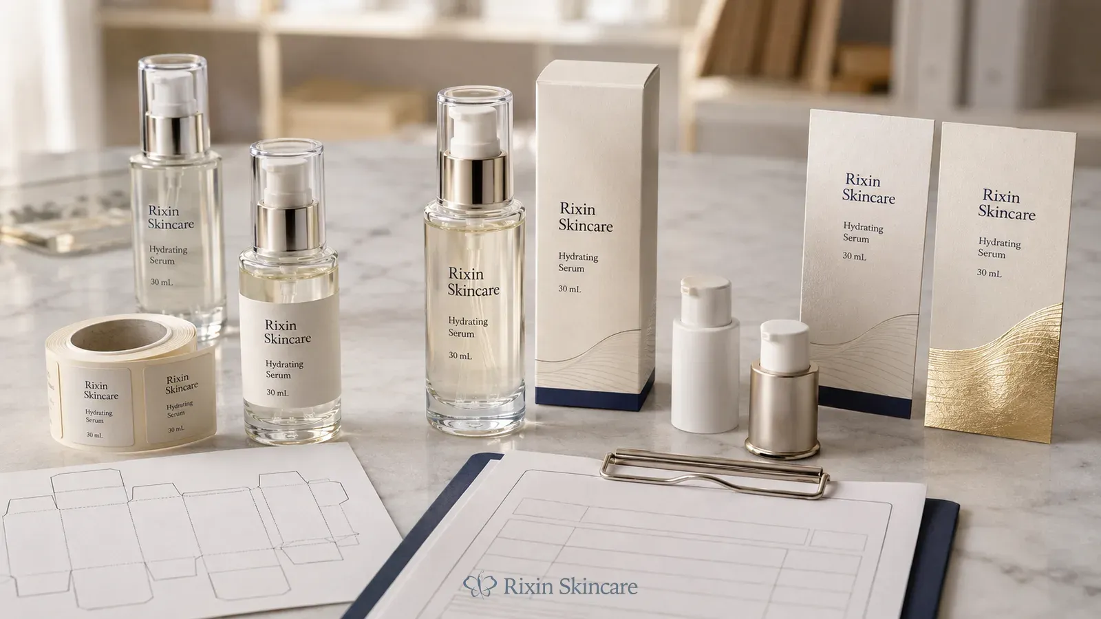 Serum bottle with direct printing, label, custom cap, and foil carton decoration samples arranged for quotation review