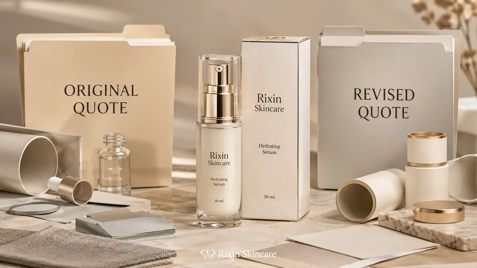 Original and revised skincare manufacturing quote folders beside unchanged serum and updated packaging components