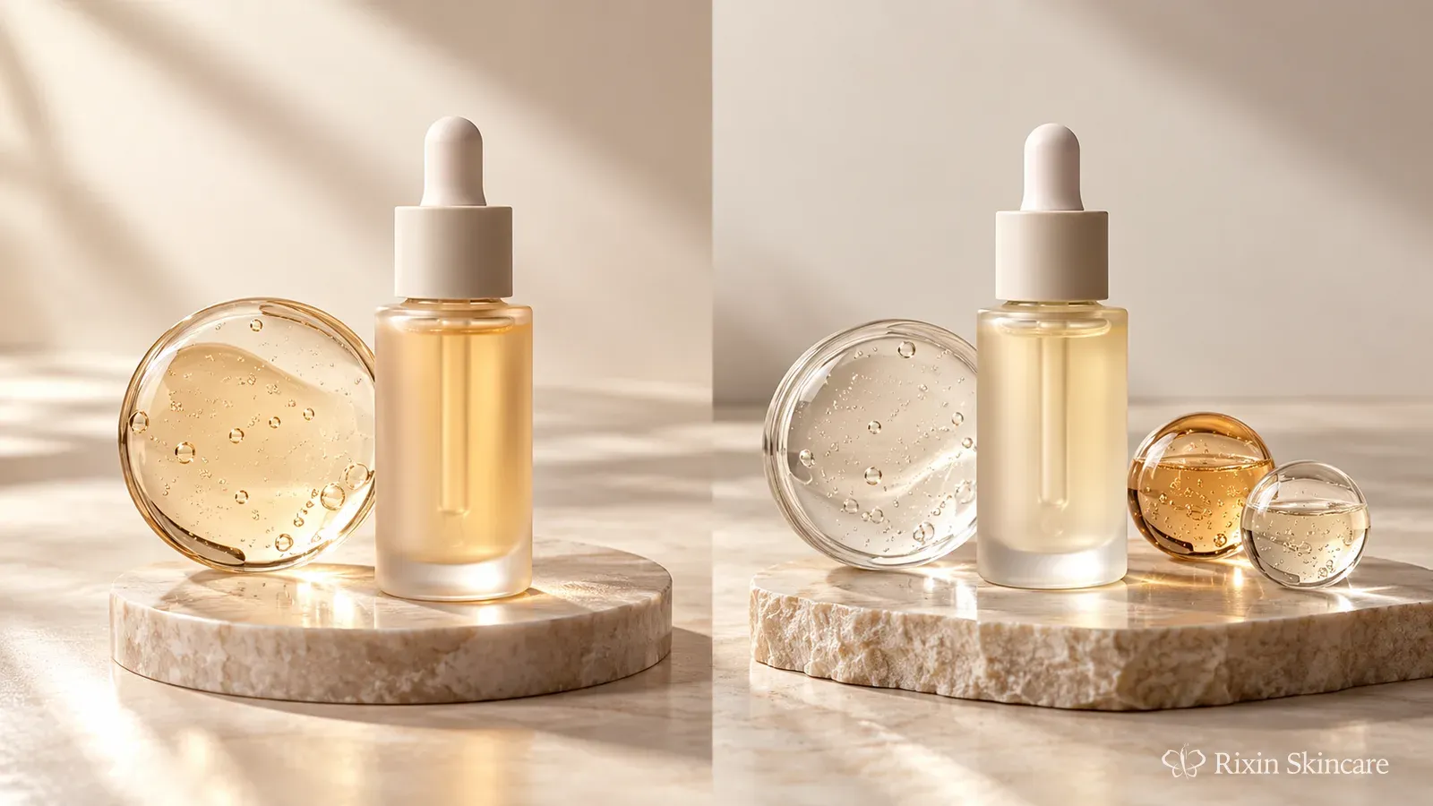 Two serum formulation concepts compare a focused hero-active direction with a coordinated multi-active system.