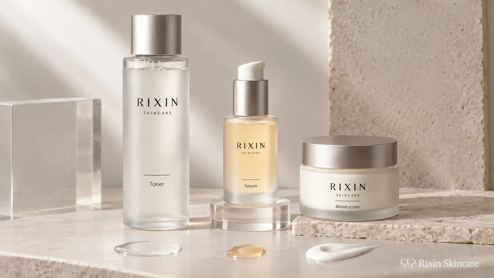 Coordinated Rixin skincare prototypes arranged as a toner, serum, and moisturizer product system.