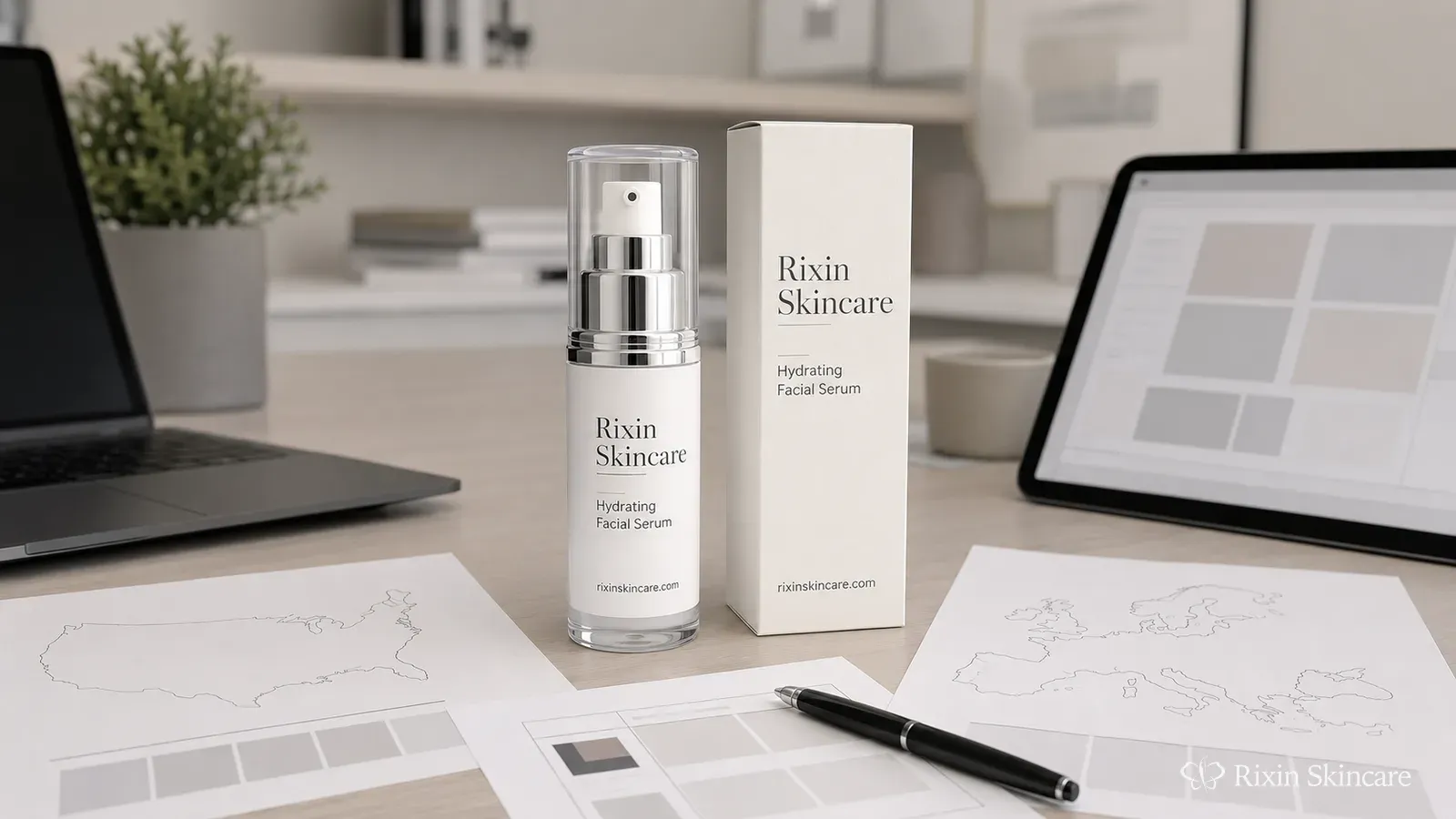 Rixin Skincare serum and carton positioned between U.S. and European market-planning materials.