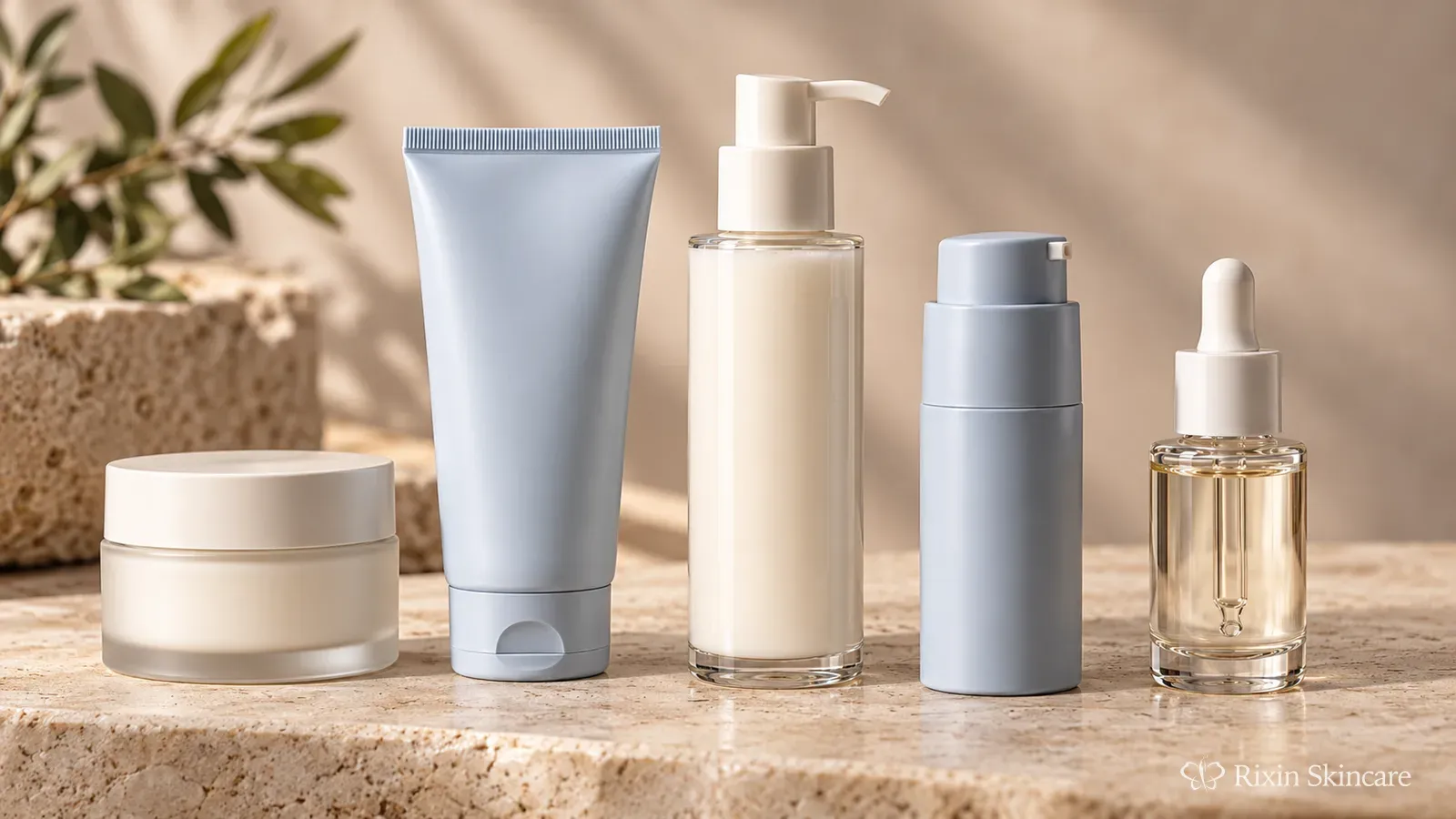 Five unbranded skincare primary packages showing jar, squeeze tube, pump bottle, airless-style dispenser, and dropper formats.