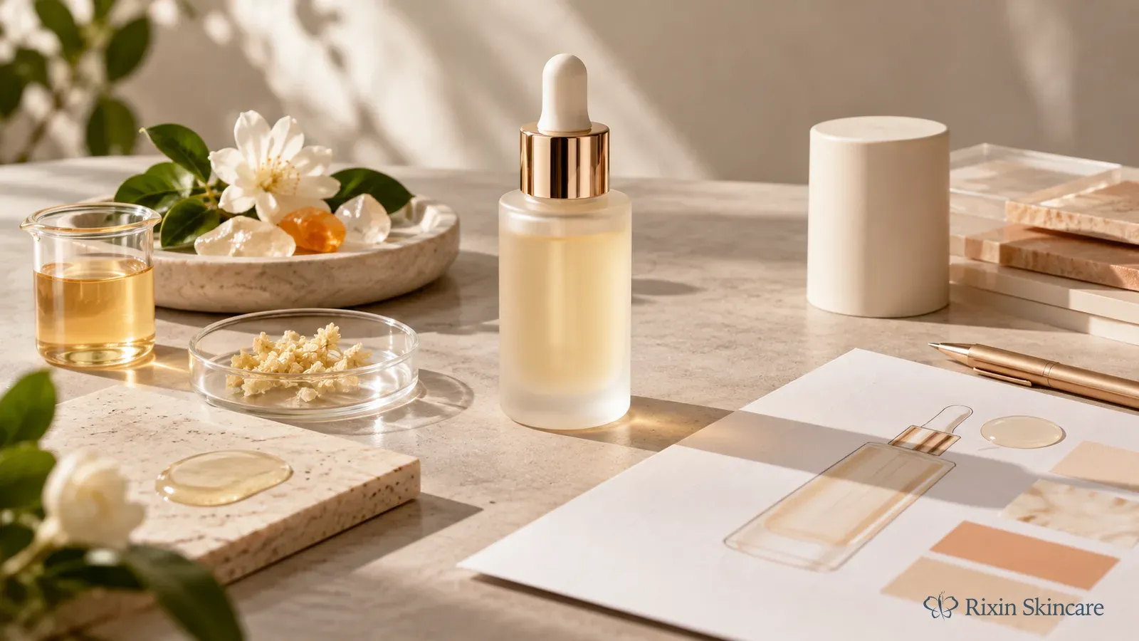 Serum prototype, ingredient samples, packaging components, and a blank product brief arranged on a development desk.