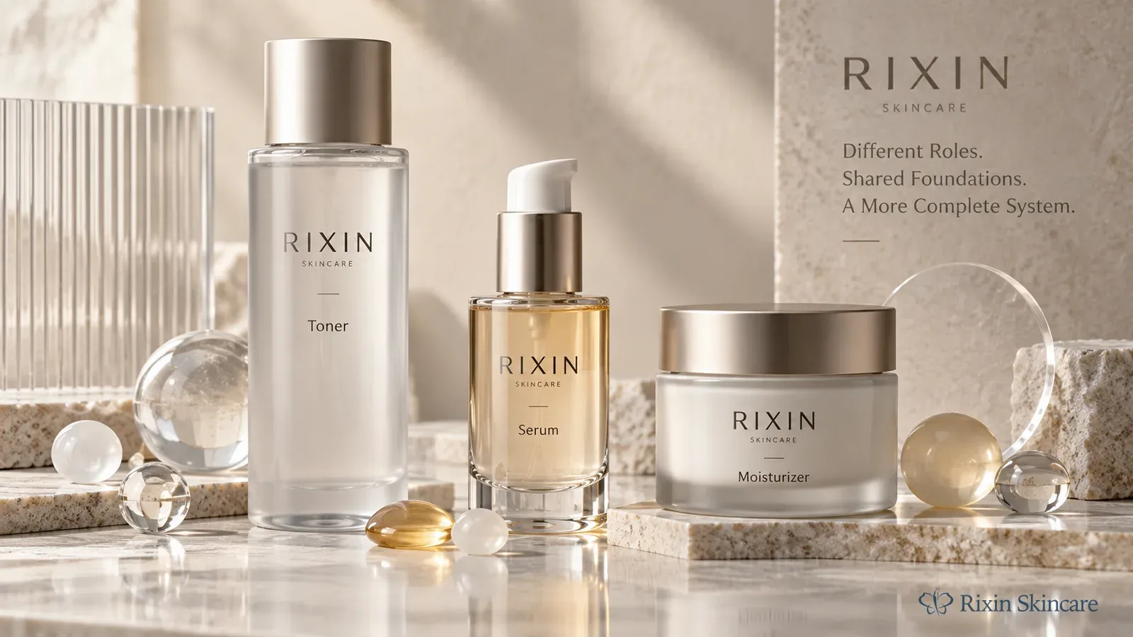 Three coordinated Rixin skincare prototypes with distinct abstract ingredient-role cues across a product system.